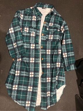 Plaid Button-Down Shirt Jacket in Teal Green